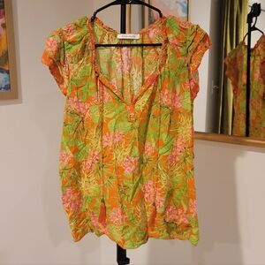 ROSE + OLIVE Tropical Floral Print Blouse Green and Orange Size L